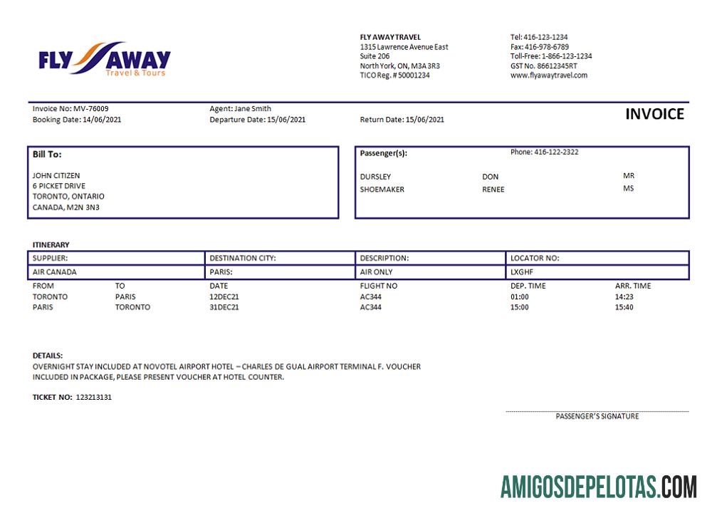 Fatura da agência de viagens Fly Away dos EUA exemplo real